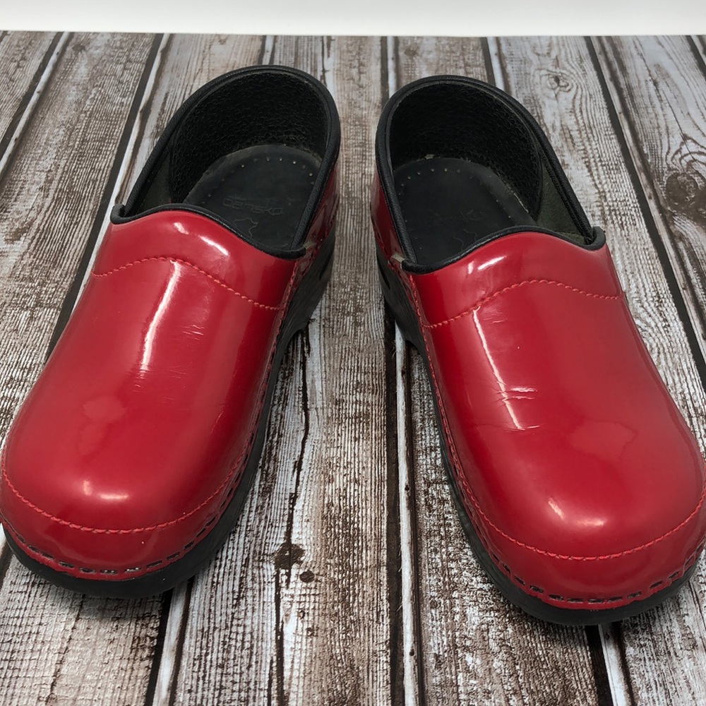 Dansko Deep Red Patent Leather Clogs Size 34